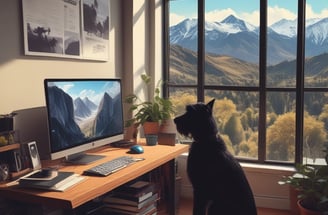 A conference room with a long wooden table surrounded by chairs covered in protective plastic. Multiple computer monitors are placed on tables against the walls, each displaying nature-themed images. The walls are lined with wood paneling, and a sign indicating a center for artificial intelligence is displayed at the front. There are decorative flower arrangements on the table, and the overall setup suggests a professional environment.