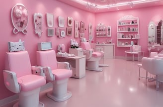A modern nail salon interior featuring three manicure stations with black chairs and white cabinetry. The salon has bright lighting and is decorated in a minimalist style with a predominantly white color palette. Nail polish displays with a wide variety of colors line the walls, and the salon's logo is prominently displayed above the stations.