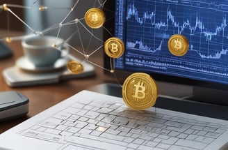 Three cryptocurrency coins are placed on a surface. The forefront coin is gold with a detailed circuit-like pattern and inscriptions. The coin in the background is silver, featuring similar intricate designs. A portion of a word starting with 'QUANT' is visible in the top background.