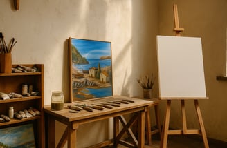 Atelier d’artiste pour création de tableaux sur-mesure, espace de peinture à l’huile et au couteau.