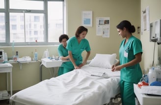 Three nurses in traditional uniforms are making beds in a hospital ward. The beds are organized in a neat row and the room has a dimly lit, monochromatic atmosphere. The nurses are focused on their tasks, arranging the white sheets with precision. In the background, dim figures of people are visible.