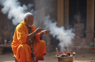 A nighttime religious ceremony with several people in traditional attire performing rituals. Smoke fills the air, and a tall, illuminated temple structure is visible in the background. Several attendees are present, and one person is capturing the scene on a smartphone.