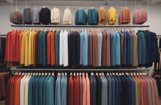 A clothing store display featuring neatly folded sweatshirts and t-shirts on wooden shelves, along with a range of hanging garments such as hoodies and shirts. The foreground shows a table with neatly folded pants and an empty wooden hanger.