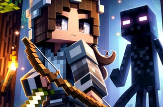 "Minecraft-style female gamer wearing enchanted diamond armor, holding a bow and engaging in battle
