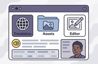 A dashboard graphic with various icons representing features like translation, assets, editor