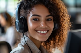 Atendimento ao cliente sorridente: suporte técnico remoto com profissional usando headset.