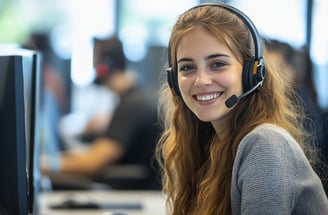 Atendimento ao cliente com suporte remoto: profissional sorridente com headset em call center.