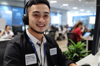Atendente sorridente com headset em escritório, representando suporte ao cliente profissional.