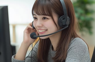 Atendente sorridente com headset, representando suporte ao cliente amigável e profissional.