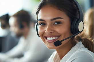 Atendente sorridente com headset, simbolizando atendimento ao cliente eficiente e amigável.
