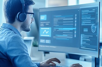 Profissional com fones analisando dados em tela, representando tecnologia e confiança.