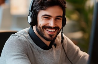 Suporte técnico com atendimento remoto: especialista sorrindo com headset e disposição.