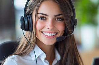 Atendente sorridente com headset, representando atendimento ao cliente profissional e simpático