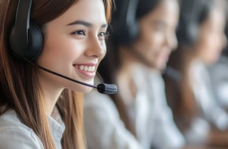 Atendentes com headset sorrindo, representando suporte ao cliente profissional e amigável.