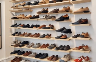 Several shelves display a variety of colorful eyeglasses against a brick wall, with each shelf showcasing different colors such as red, orange, yellow, blue, and purple. Small portrait photos are placed intermittently among the glasses.