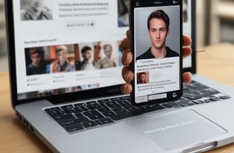 A smartphone displays a profile on a social media application. The profile includes the name Emiliano Vittoriosi, the follower count, and a profile summary stating interests in photography and social justice. The phone is placed on a MacBook laptop, with part of the keyboard visible.