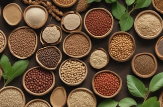 Dried plant seeds are in focus, with a blurred background of tall trees under a partly cloudy sky.