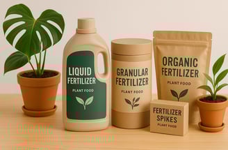 Two houseplants and four different types of fertilizer: liquid, granular, spike, and organic.