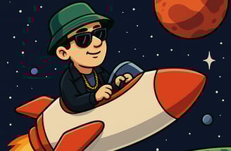 Hustensaft Jüngling Charakter an Bord einer Rakete auf dem Weg zum Mars. Umgeben von Sternen und Planeten, trägt die Figur st