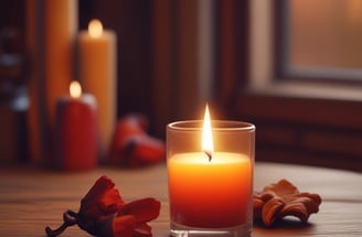 Three lit candles are placed on the edge of a bathtub, casting a warm, soft glow. The surface of the water in the bathtub is covered with scattered rose petals, creating a relaxing atmosphere.
