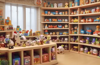 A collection of Shiba Inu figurines, with detailed features like smiling faces and decorative bandanas. The central figure has a blue bandana with an egg design, while others have different colored bandanas. The overall atmosphere is playful and whimsical.