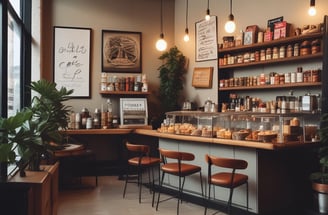 A small convenience store or food shop features a variety of snacks, drinks, and quick meals displayed on shelves, with a counter for service. The store has a wooden and brick design, with warm lighting hanging from the ceiling. Products like bottled water, chips, and packaged goods are visible.