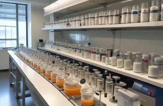 A laboratory setup featuring a small square object placed on a circular white platform wrapped with aluminum foil. Above it, a pipette drips a red liquid onto the platform. The background consists of a laboratory environment with indicators and instructions visible.