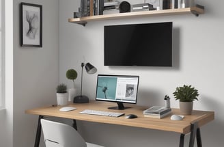 a desk with a computer and a monitor screen