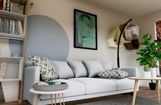 Rendu intérieur d’un espace de vie chaleureux avec baies vitrées, mobilier moderne et éclairage naturel.