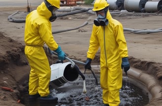 Three workers wearing uniforms with orange and gray colors are performing tasks in a laboratory or industrial setting. One worker is in the foreground handling plastic bags filled with a gray substance, possibly a powder. There's a plant in the foreground on the left, and posters with technical content are on the wall. Equipment and tools are visible on the tables.