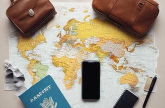 Various travel-related items are laid out on a map. The objects include a small model of the Eiffel Tower, a vintage camera, a modern instant camera, a notebook with a sketch of an architectural landmark, and a pencil. The map shows detailed streets and locations, likely from a city in Europe.