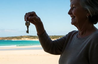 Relieved homeowner smiling at the ocean, holding keys, representing the stress-free experience of se