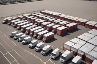 An aerial view of an industrial area with multiple large buildings and warehouses surrounded by roads. Vehicles and construction equipment are visible within the yard. The layout is grid-like, with intersections and train tracks appearing alongside the buildings.