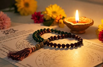 A lit brass diya beside a Vedic astrology birth chart, with rudraksha mala beads and colorful flower