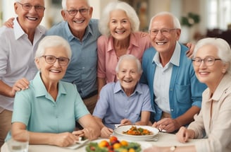 An elderly person with white hair and a striped shirt is bending down to tend to a raised bed garden filled with green leafy vegetables. The surrounding environment includes various gardening tools and lush greenery in the background.
