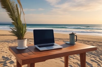 A laptop displaying a website design with the phrase 'Build your dream website.' next to a minimalistic building image. The scene also includes a modern mug and a smartphone placed on a wooden desk.