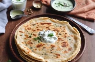 A plated dish of Dahi Puri, a popular Indian snack, featuring crispy puris filled with vibrant ingredients and topped with yogurt, spices, and chutneys. The mixture includes sev, coriander, and tamarind sauce, served in a metal dish with two spoons.