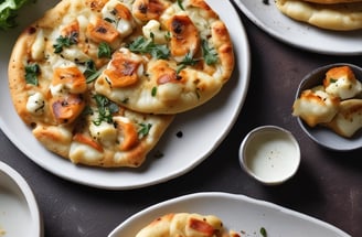 A collection of circular, flatbreads arranged in a flower-like pattern on a black background. In the center, there are small bowls containing various condiments such as red and green chutneys, yogurt, and sliced vegetables including onions and cucumbers. There are also whole green chilies and a red onion placed on top of the flatbreads.