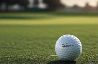 A golf ball labeled 'OnCore 1' is positioned on a lush green grass surface, with a brown and black putter poised nearby. In the background, blurred brightly colored athletic shoes suggest a person is preparing to play.