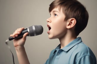 A person is singing into a microphone, illuminated by a bright light source behind them. The setting appears to be intimate, conveying a sense of performance or rehearsal. The image is in black and white, focusing on the subject who seems to be enjoying the moment.