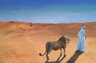 a man in a white robe is walking through the desert with lion