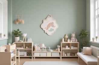 A beautifully designed nursery with a modern minimalist style. The room features a white crib with a gray blanket, a comfortable beige armchair with a colorful pillow, and a matching pouf. Light pink curtains cover the window behind the armchair. A geometric rug with soft pastel tones lies on the floor. The walls are decorated with herringbone wallpaper, artistic frames, and the words 'Dream Big' in wire art. A chic chandelier hangs from the ceiling, and there is a touch of greenery from a plant in the corner. Storage units hold books and toys.