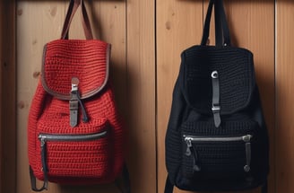 Several handcrafted leather bags and backpacks in various shades of brown and black are hanging on a wooden door. The bags feature intricate patterns and designs. Surrounding the bags are large decorative plates with carved geometric designs.