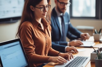 A cloud-shaped object with server racks is connected via cables to a computer monitor. The setup is surrounded by several black squares on a blue background, evoking concepts of cloud computing and data networks.