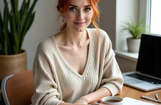 Skye at a desk with tea and notebook, softly lit and smiling in natural daylight