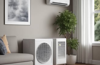 Three air conditioning units mounted on the exterior wall of a building, with a closed vent in the center. The wall is a warm, peach color and the units have a beige finish. A black cable runs vertically along the left side of the image.