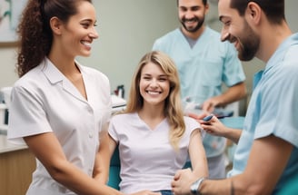 a woman is sitting in a chair in a dental clinic