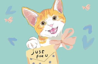 a cat with a bow tie and a card saying just for you