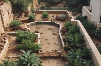 Aerial view of a well-maintained grassy area with a curved pathway. Two people wearing hats and green uniforms are tending to the lawn, with gardening tools and a red bucket nearby. Another person is walking along the path carrying a backpack.