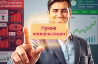 Мужчина в костюме и галстуке держит визитную карточку "нужна консультация"